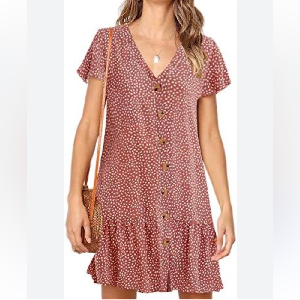 Red V-neck Short Sleeve Ruffle Bottom Mini Dress